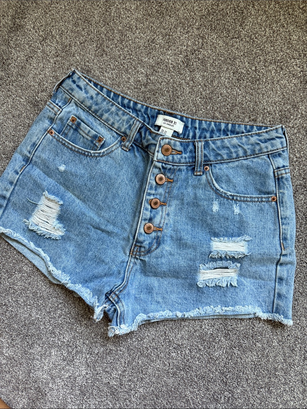 Forever 21 Light Blue Button-Front Distressed Denim Shorts